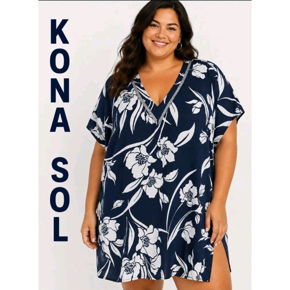 NWT Kona Sol Womens XL Tunic Swim Cover Up Tropical Hawaiian Blossoms Navy Blue